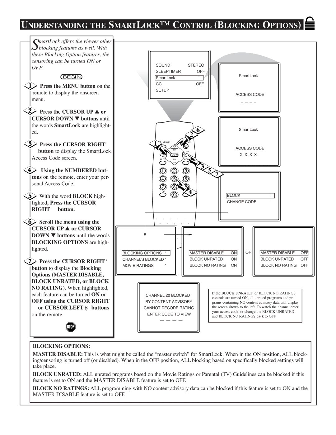 Philips TS2546C1 manual Understanding the Smartlock C Ontrol Blocking Options, Using the Numbered but 