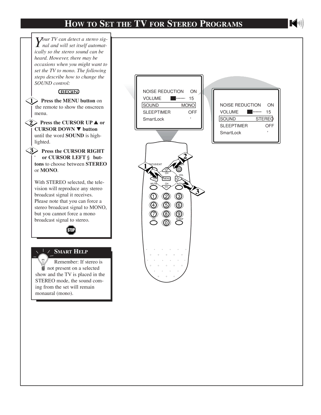 Philips TS2546C1 manual HOW to SET the TV for Stereo Programs, Or Cursor Left but- tons to choose between Stereo or Mono 