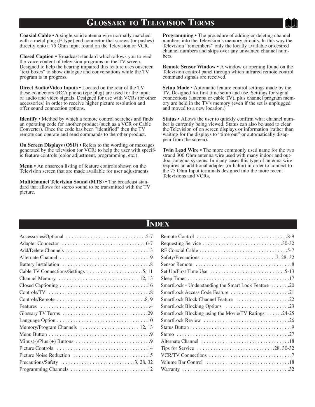 Philips TS2546C1 manual Glossary to Television Terms, Index 