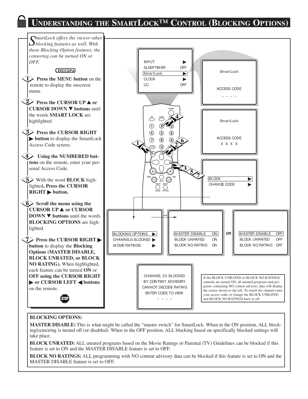 Philips TS2556C1 manual Understanding the Smartlock C Ontrol Blocking Options, Using the Numbered but 