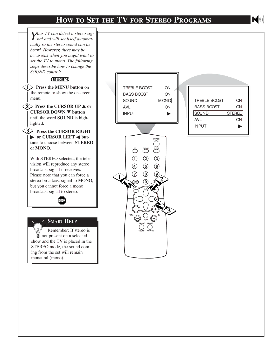 Philips TS2556C1 manual HOW to SET the TV for Stereo Programs 