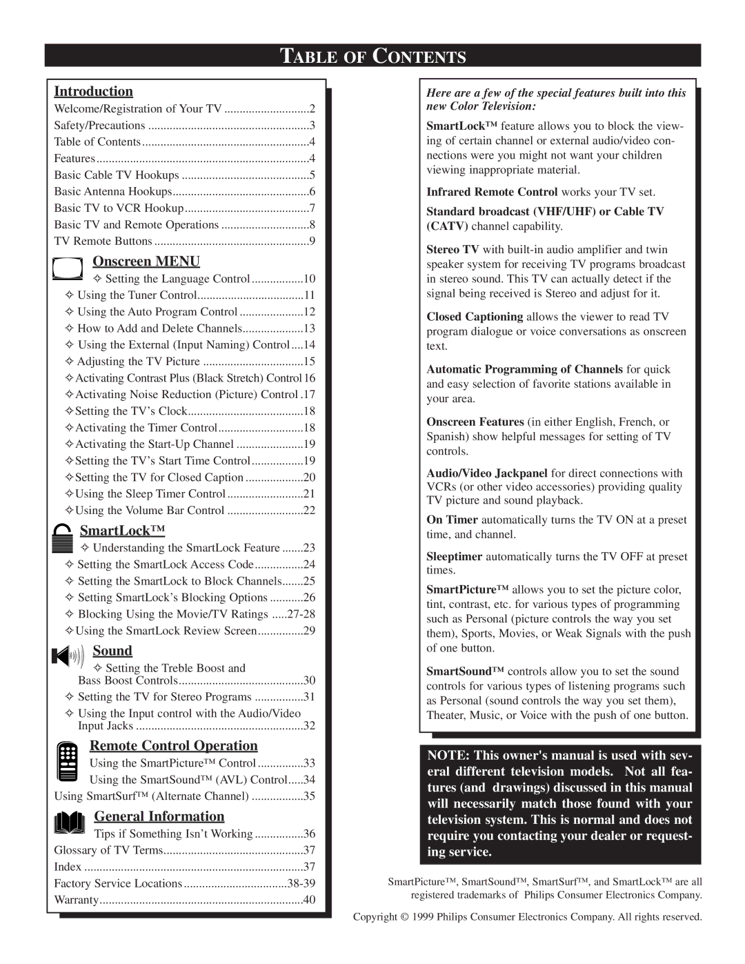 Philips TS2556C1 manual Table of Contents 