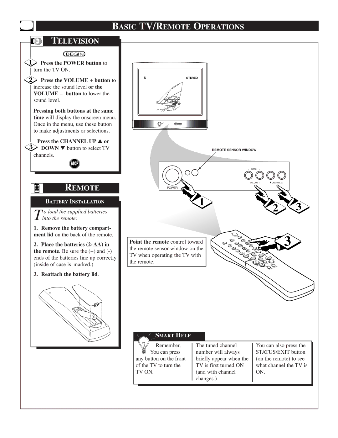 Philips TS2556C1 manual Basic TV/REMOTE Operations Television, Remote 