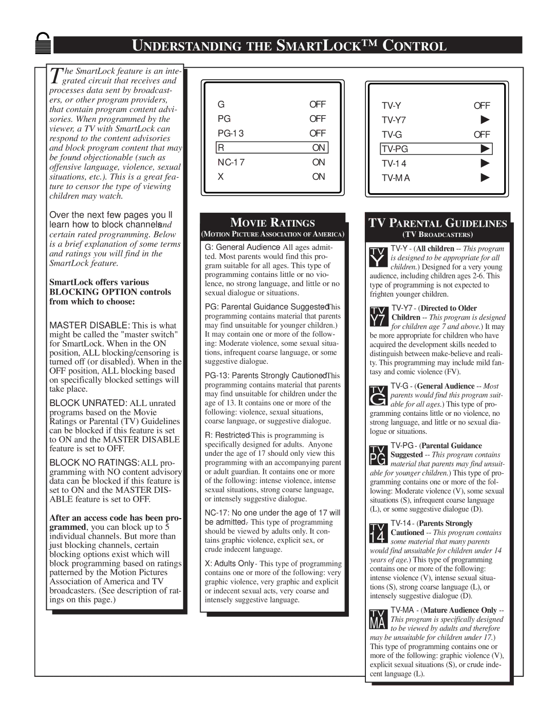 Philips TS2757C1 manual Understanding the Smartlock C Ontrol, Movie Ratings 