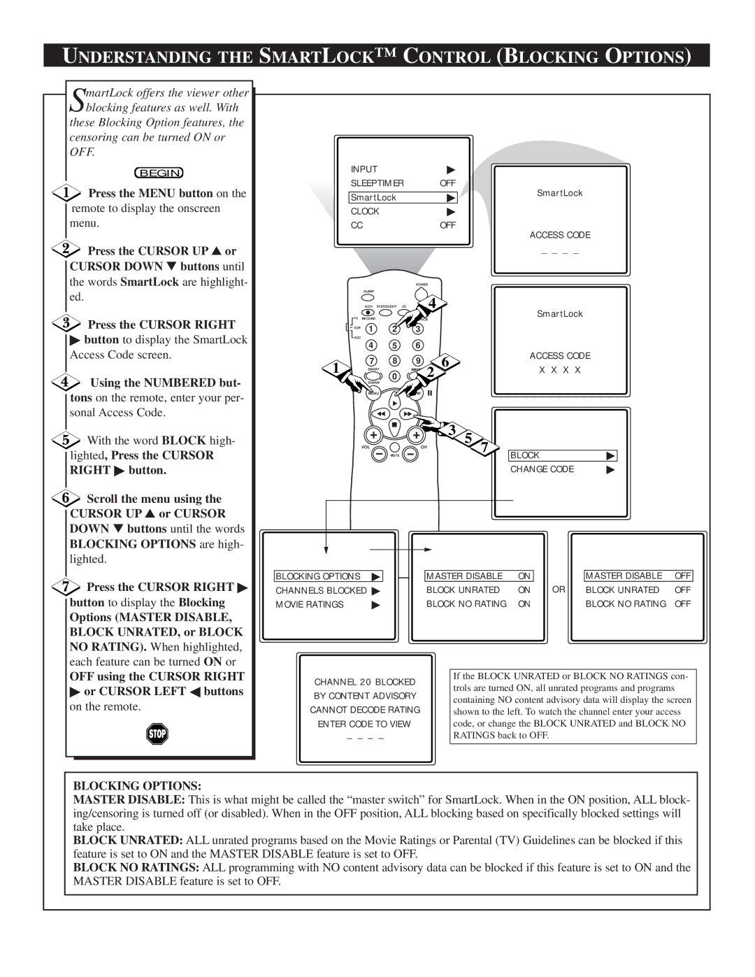 Philips TS2757C1 manual Understanding the Smartlock C Ontrol Blocking Options, Using the Numbered but 