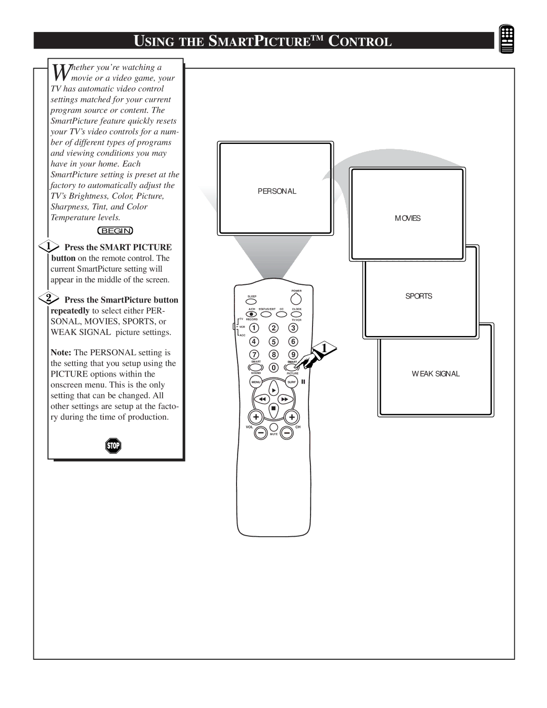 Philips TS2757C1 manual Using the Smartpicturetm Control, Press the Smart Picture, Press the SmartPicture button 