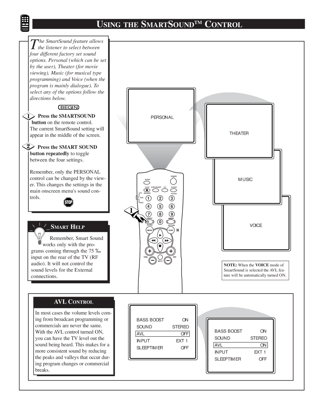 Philips TS2757C1 manual Using the Smartsoundtm Control, Press the Smartsound 