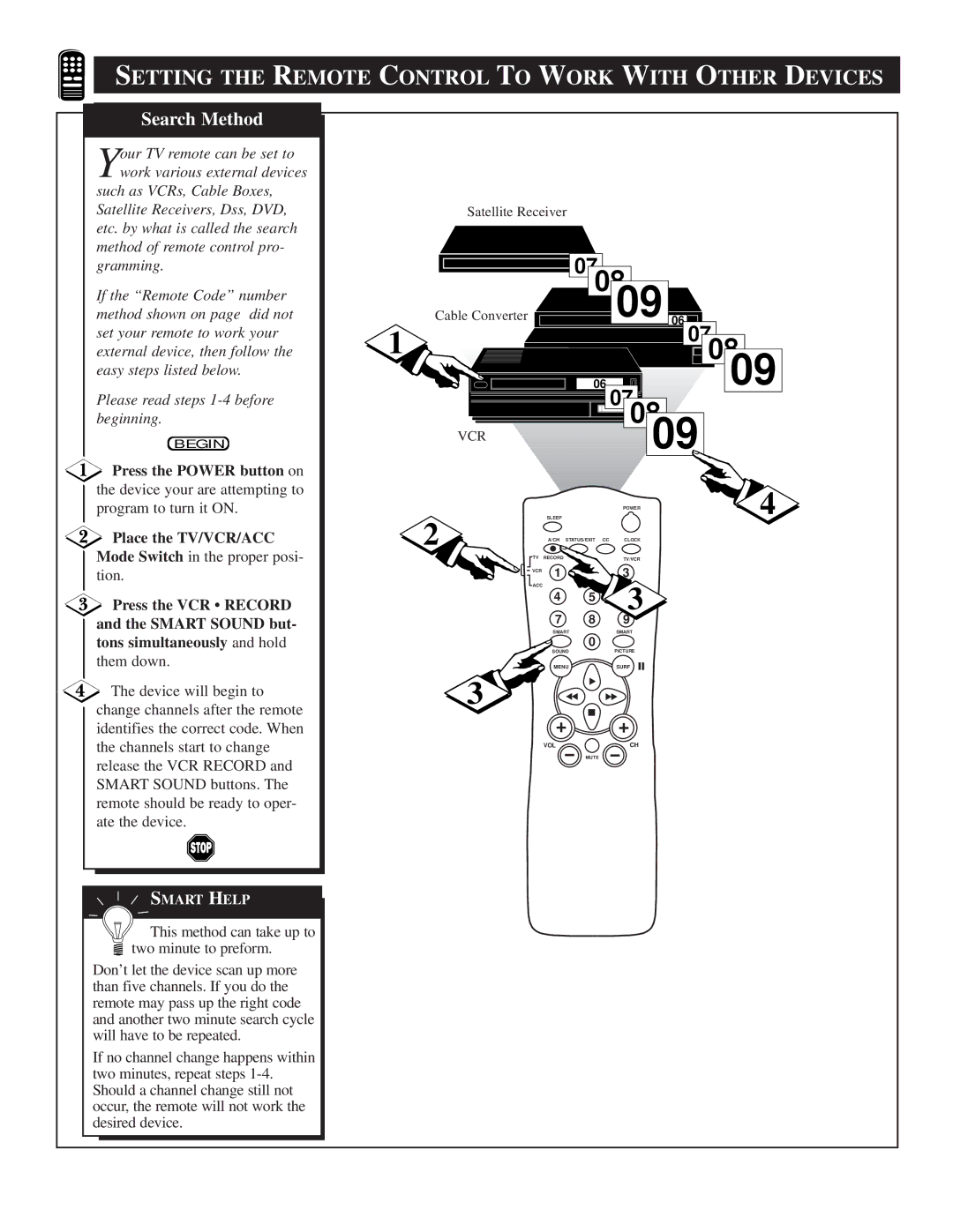 Philips TS2757C1 Setting the Remote Control to Work with Other Devices, Press the Power button on, Place the TV/VCR/ACC 