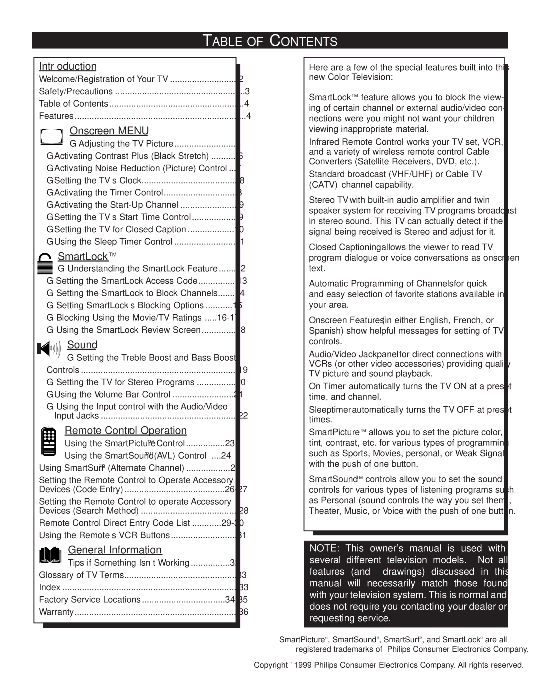 Philips TS2757C1 manual Table of Contents 