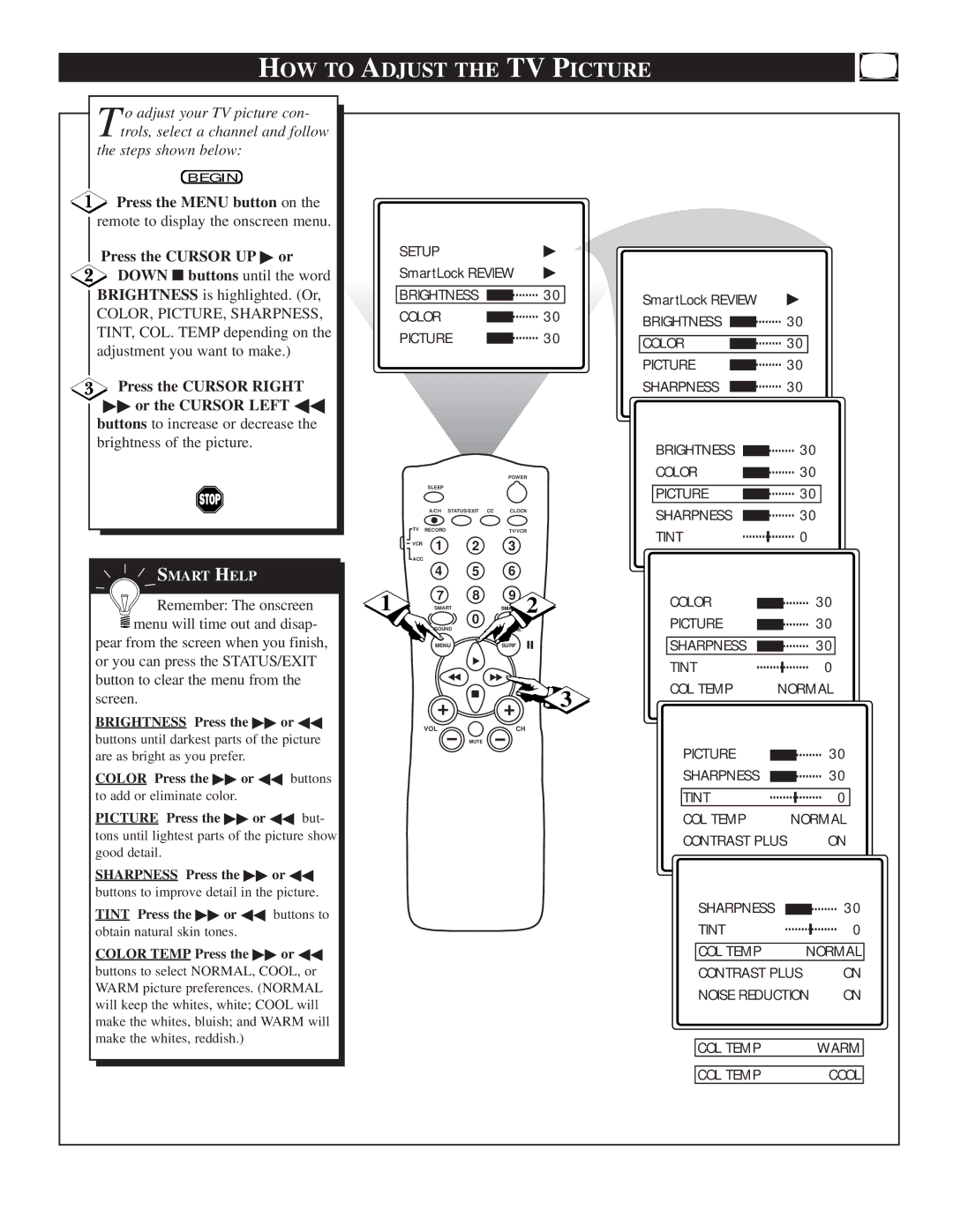 Philips TS2757C1 manual HOW to Adjust the TV Picture, Press the Menu button on, Press the Cursor UP or 