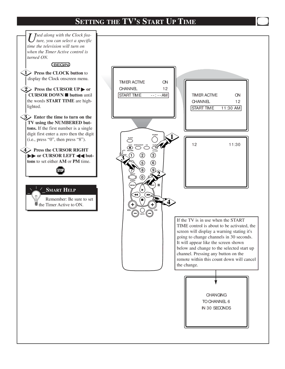 Philips TS2774C manual Setting the TV’S Start UP Time, Remember Be sure to set the Timer Active to on 