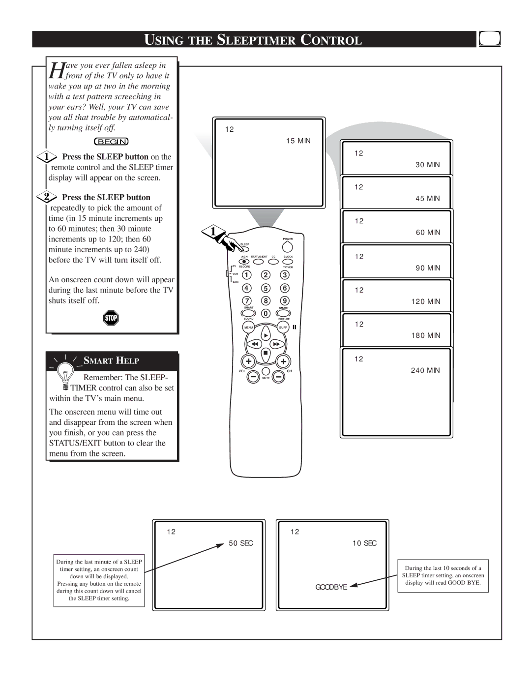 Philips TS2774C manual Using the Sleeptimer Control, 15 MIN 