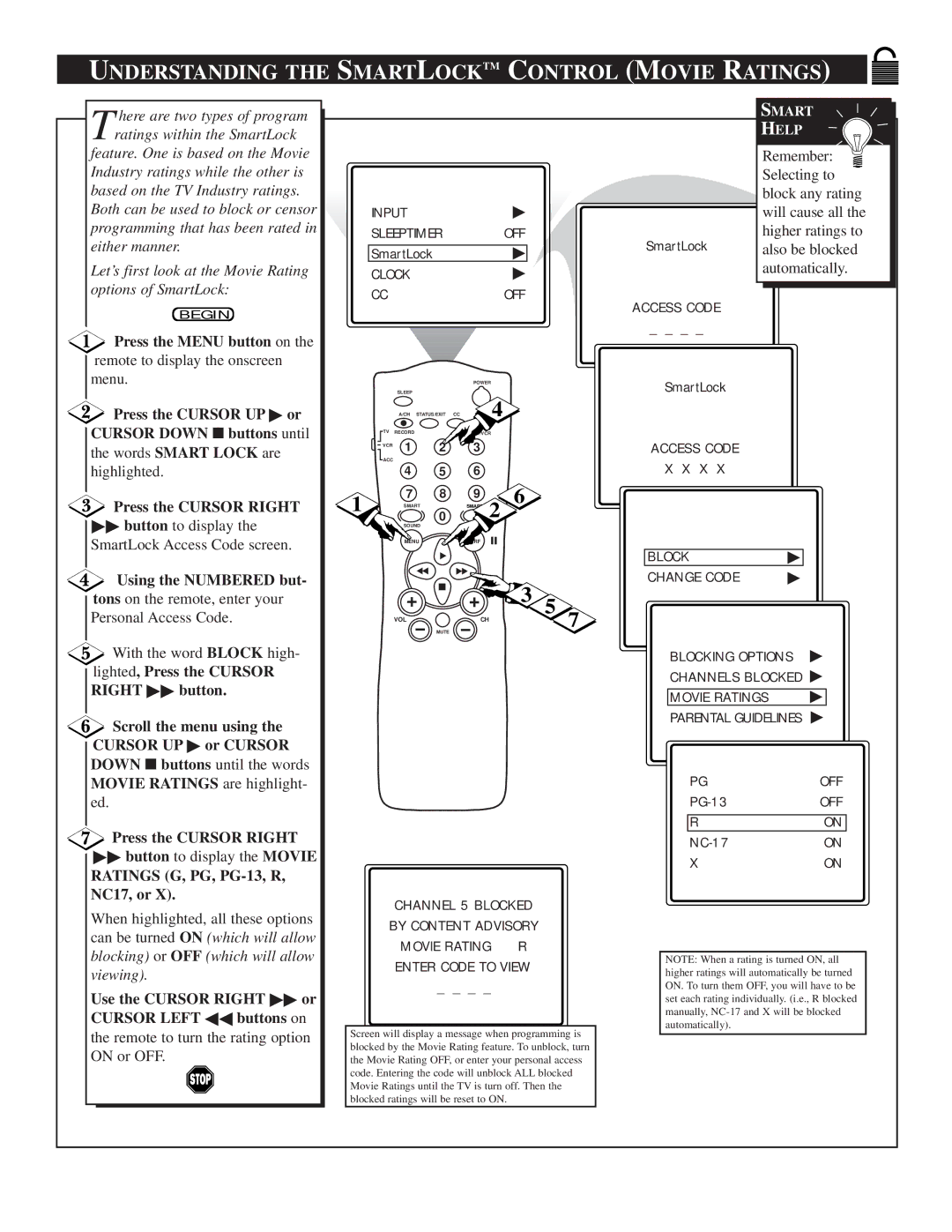 Philips TS2774C manual Understanding the Smartlocktm Control Movie Ratings, Ratings G, PG, PG-13, R, NC17, or 
