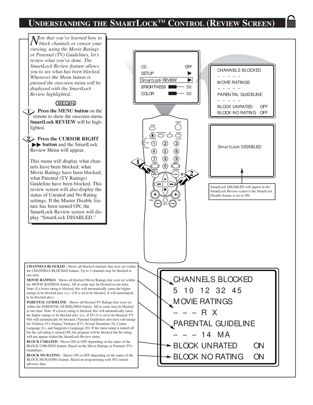 Philips TS2774C manual Understanding the Smartlocktm Control Review Screen, SmartLock Review will be high 