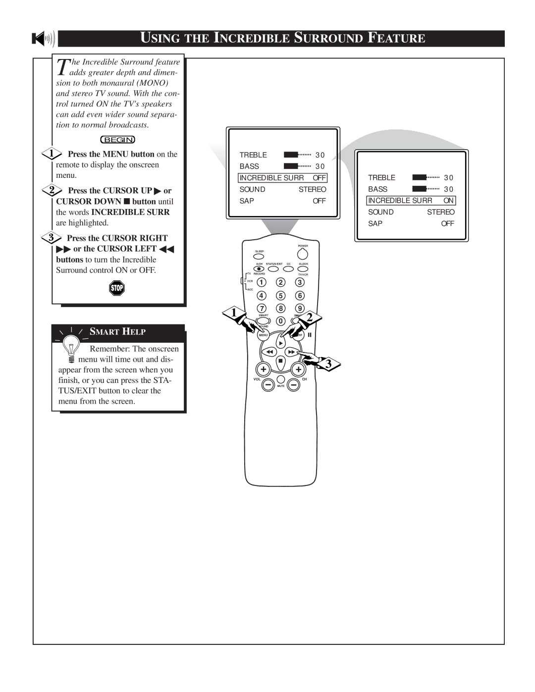 Philips TS2774C manual Using the Incredible Surround Feature, Press the Menu button on 