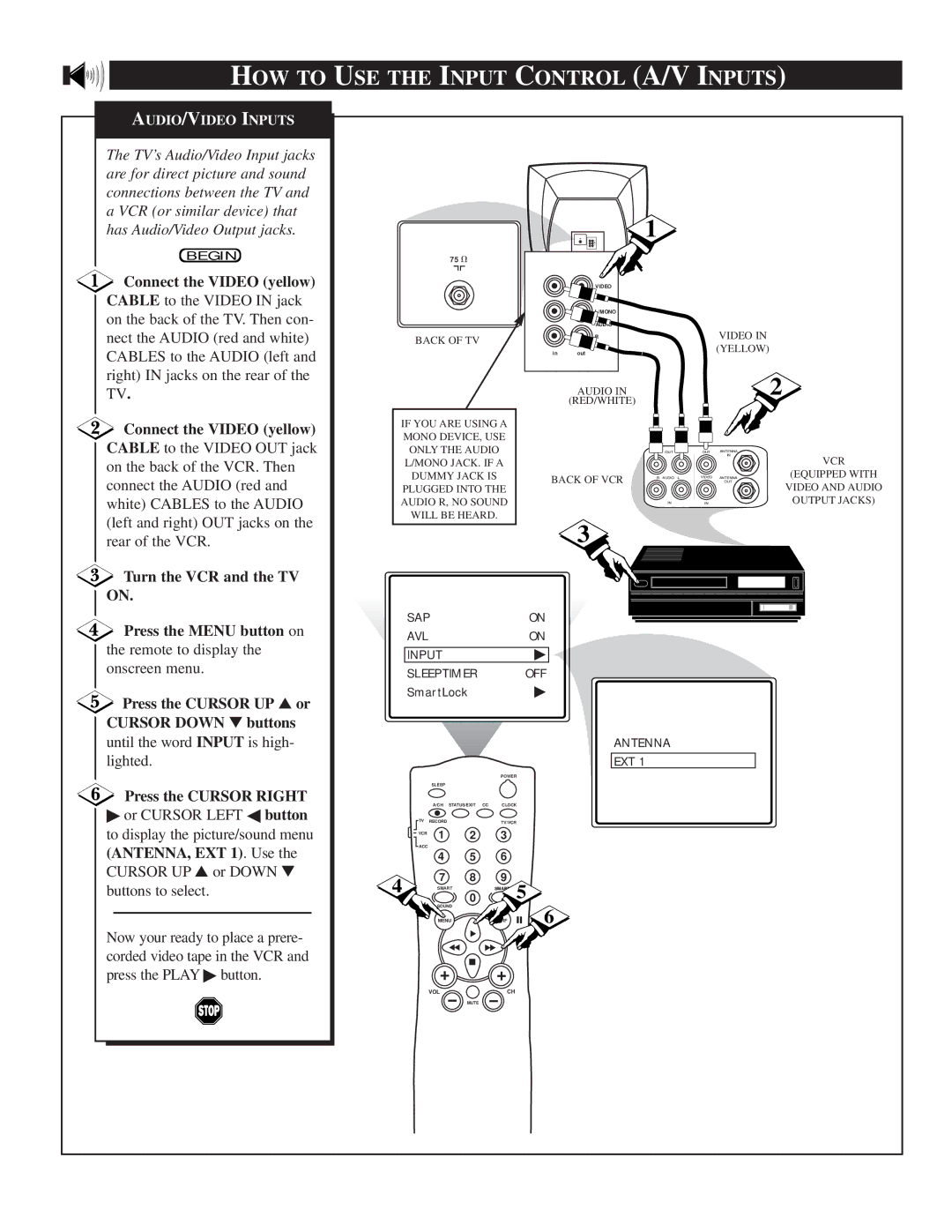 Philips TS2774C manual HOW to USE the Input Control A/V Inputs, Connect the Video yellow, Turn the VCR and the TV on 