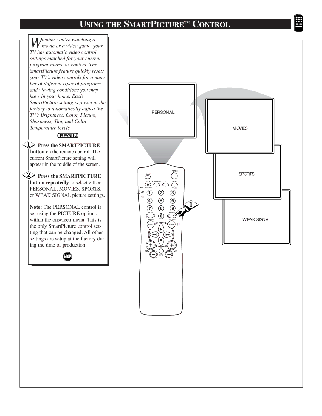 Philips TS2774C manual Using the Smartpicturetm Control, Press the Smartpicture 