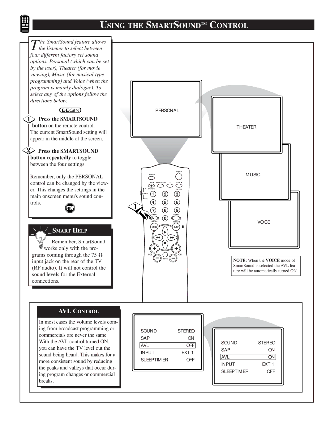 Philips TS2774C manual Using the Smartsoundtm Control, Press the Smartsound 