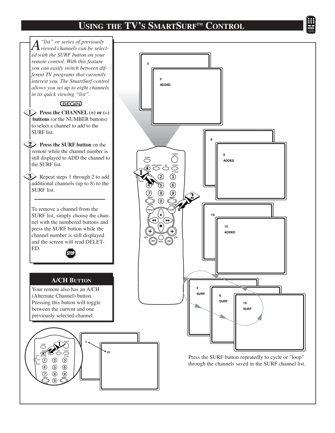 Philips TS2774C manual Using the TV’S Smartsurftm Control, Press the Channel + or 