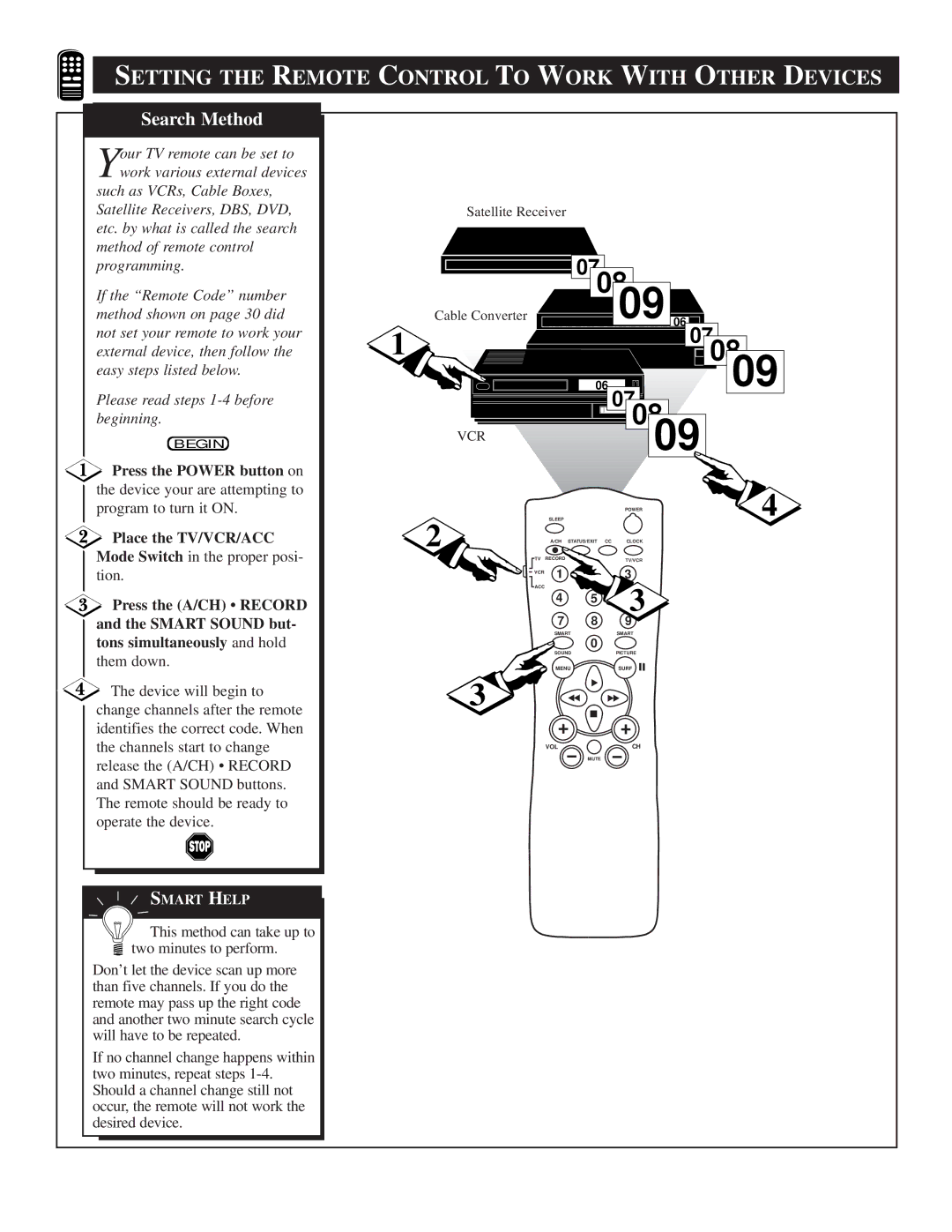 Philips TS2774C Setting the Remote Control to Work with Other Devices, Press the Power button on, Place the TV/VCR/ACC 