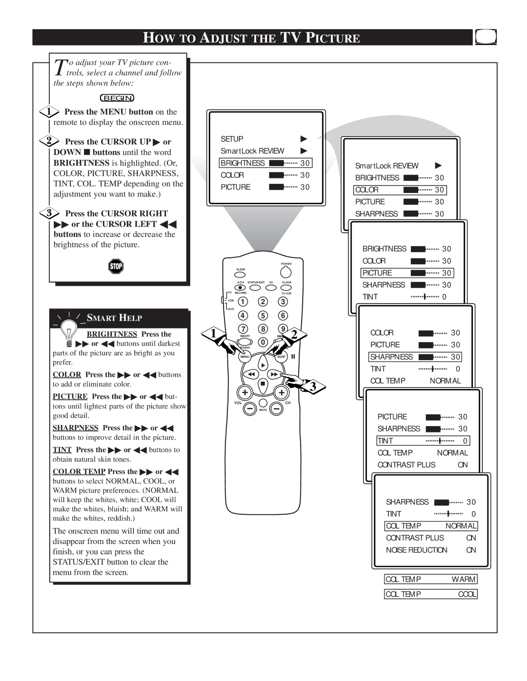 Philips TS2774C manual HOW to Adjust the TV Picture, Press the Menu button on, Press the Cursor UP or 