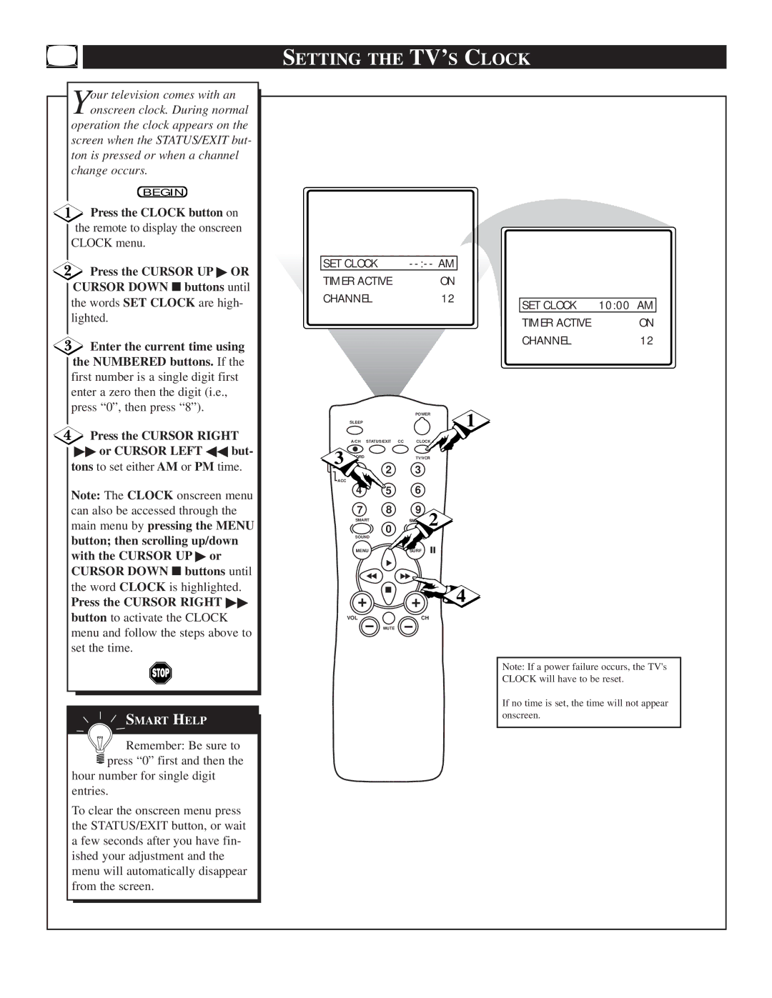 Philips TS2774C manual Setting the TV’S Clock, Timer Active Channel 