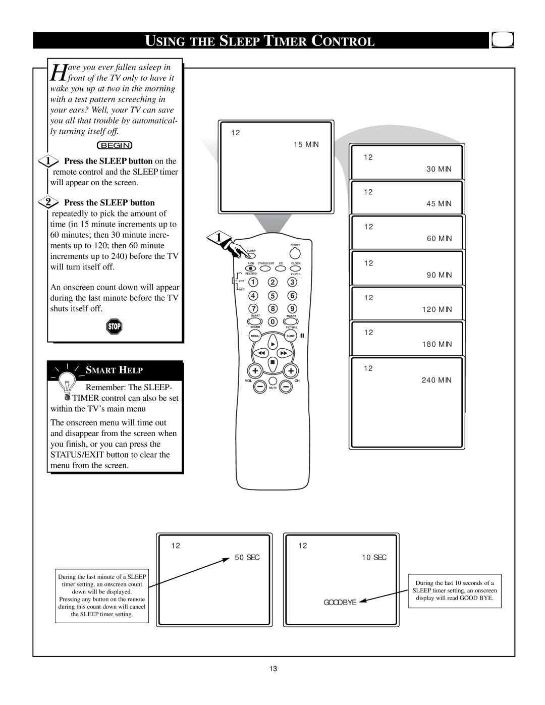 Philips TS2779C1 manual Using the Sleep Timer Control, 15 MIN 