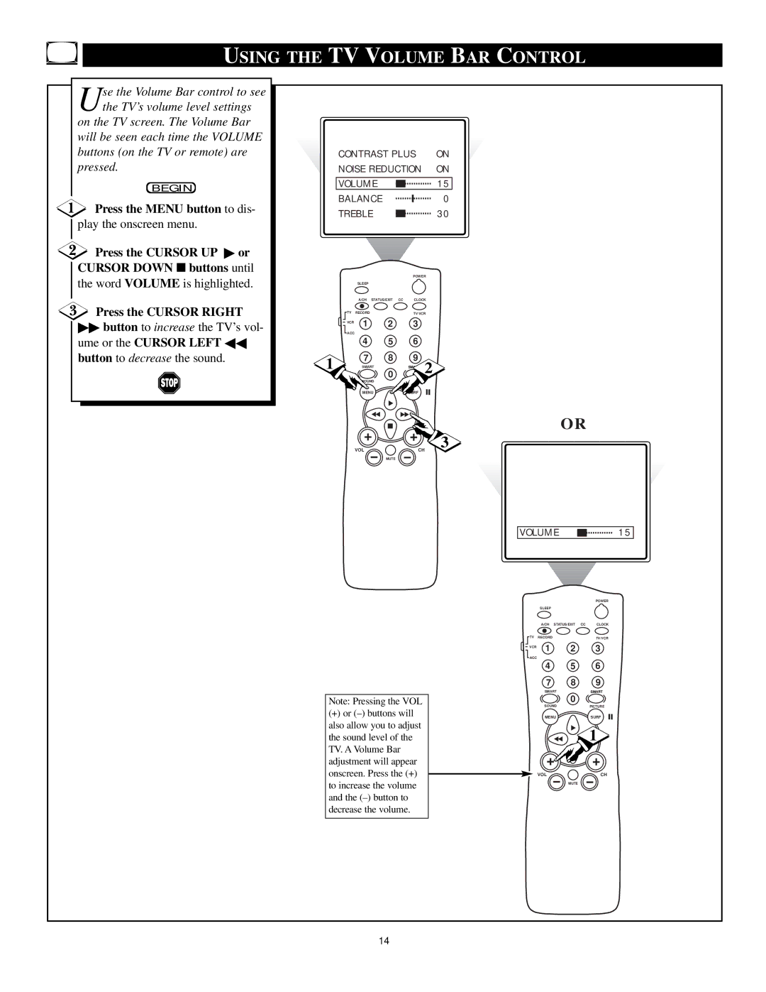 Philips TS2779C1 manual Using the TV Volume BAR Control, Press the Menu button to dis 