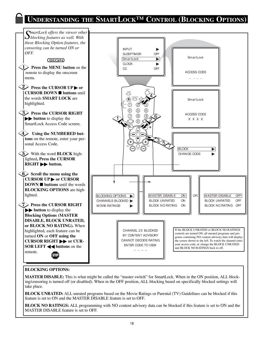 Philips TS2779C1 manual Understanding the Smartlock Control Blocking Options, Using the Numbered but 