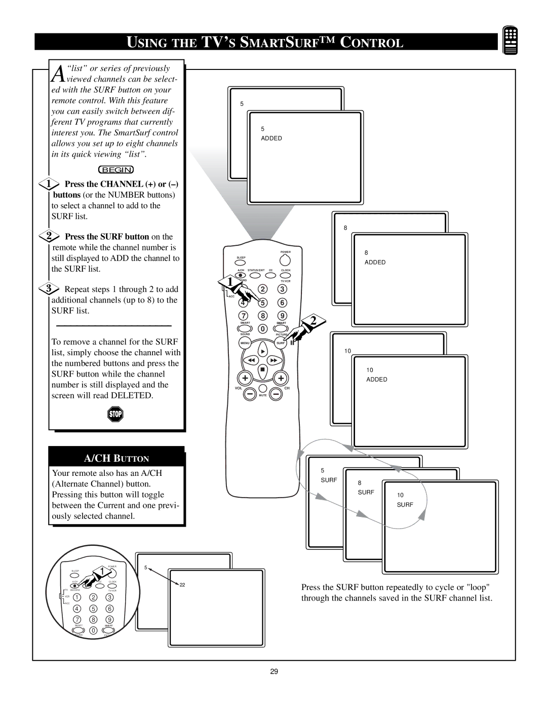 Philips TS2779C1 manual Using the TV’S Smartsurf Control, Press the Channel + or 