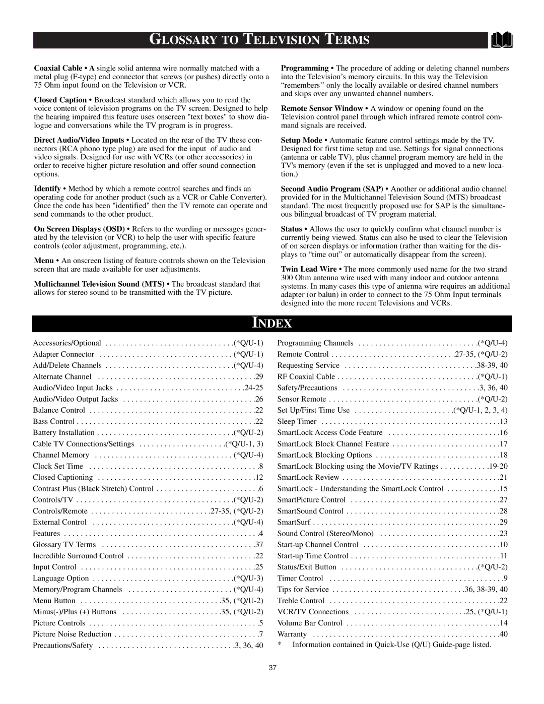 Philips TS2779C1 manual Glossary to Television Terms, Index 