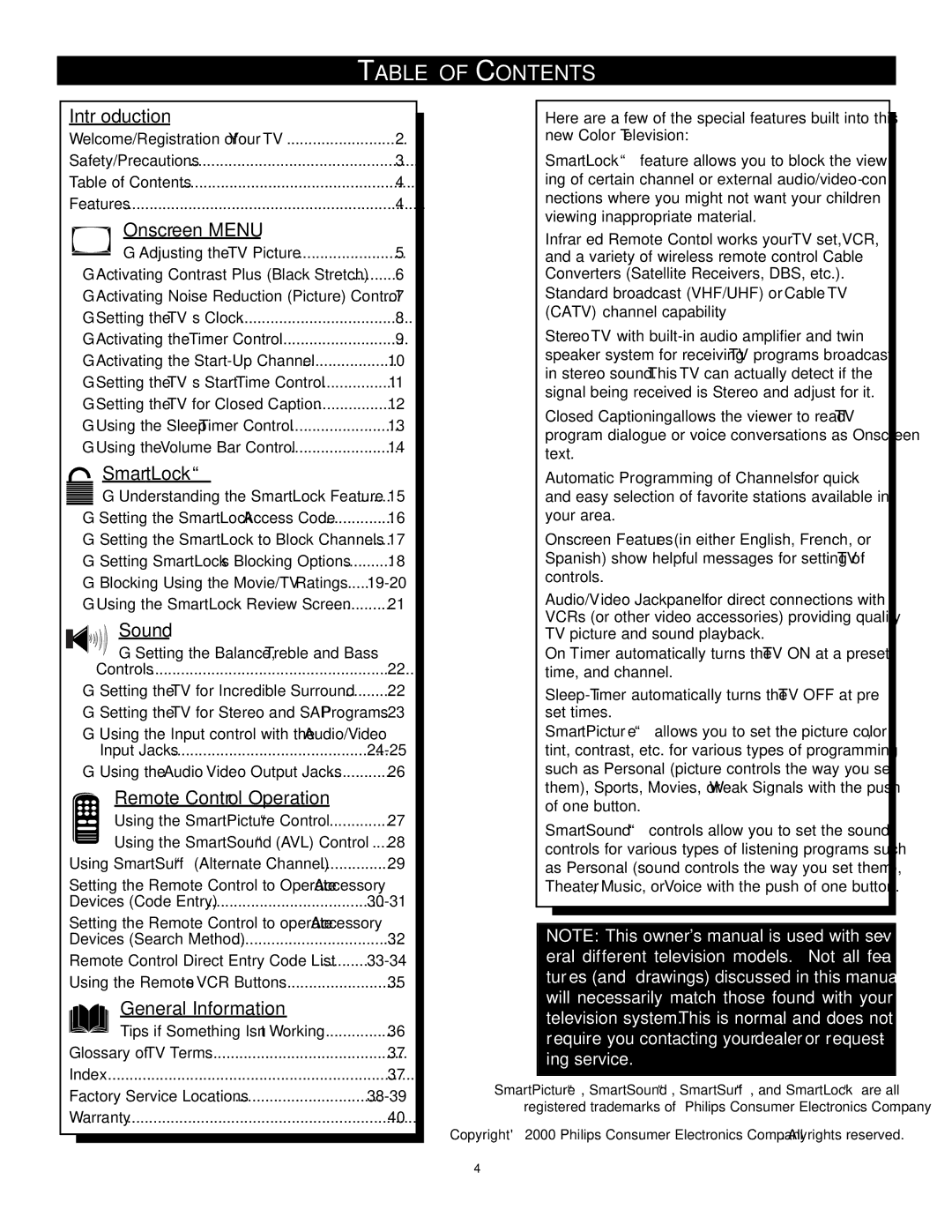 Philips TS2779C1 manual Table of Contents 