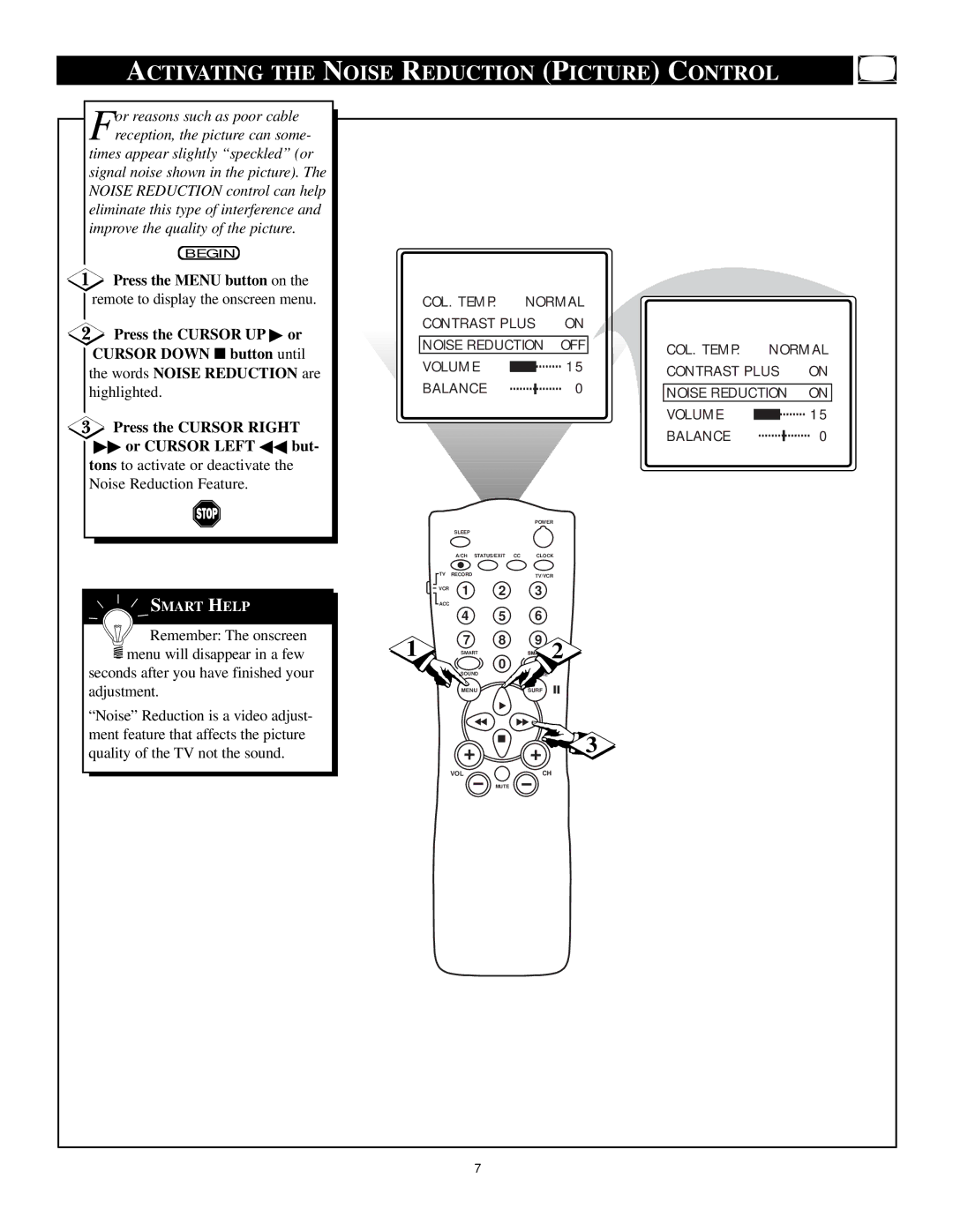 Philips TS2779C1 manual Activating the Noise Reduction Picture Control, Or Cursor Left but 