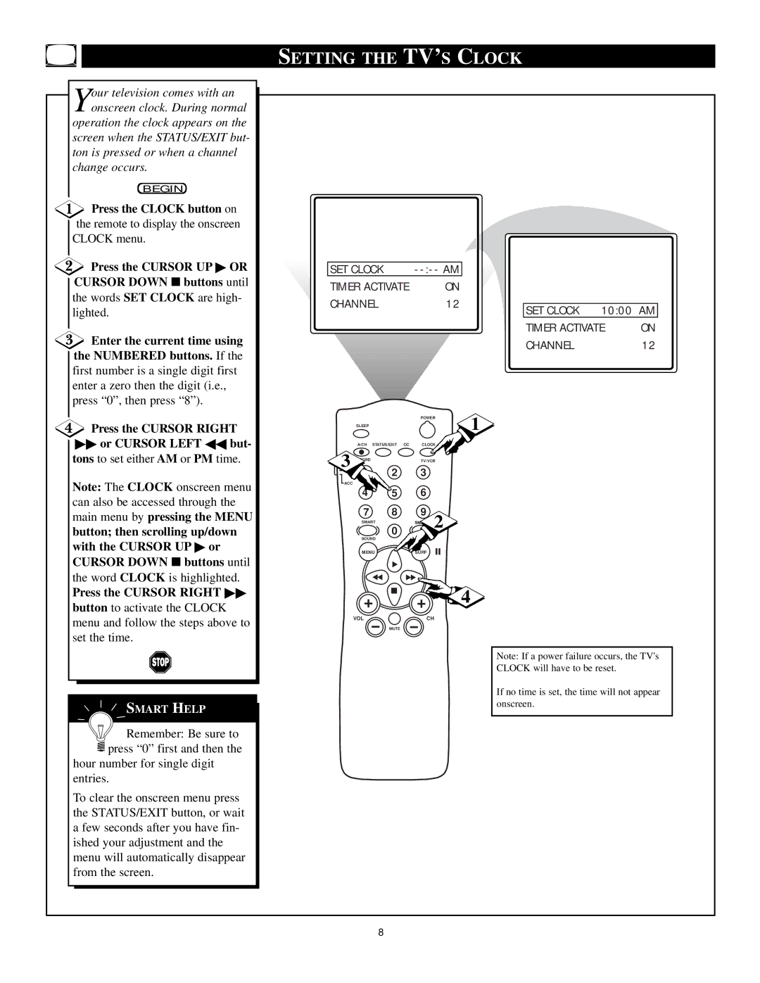 Philips TS2779C1 manual Setting the TV’S Clock, Channel SET Clock 1000 AM Timer Activate 