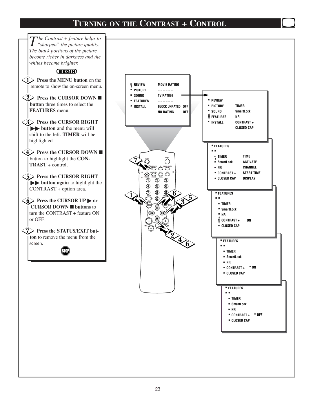 Philips TS3259C1 manual Turning on the Contrast + Control, Trast + control, Contrast + option area 