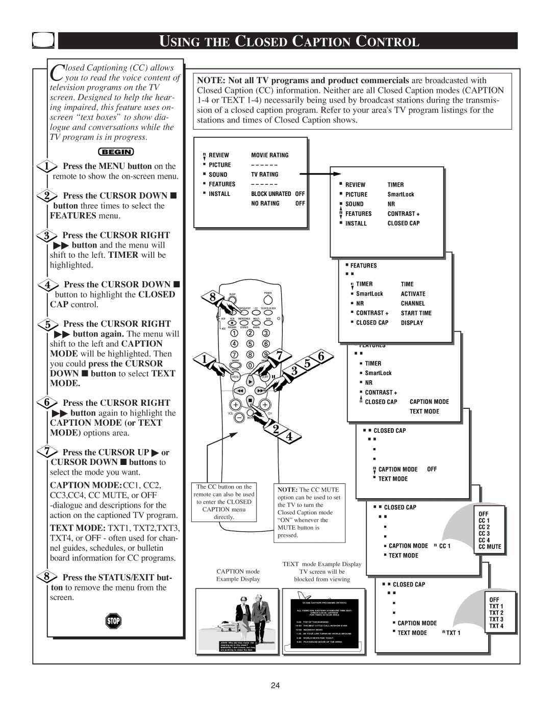 Philips TS3259C1 manual Using the Closed Caption Control, Mode 