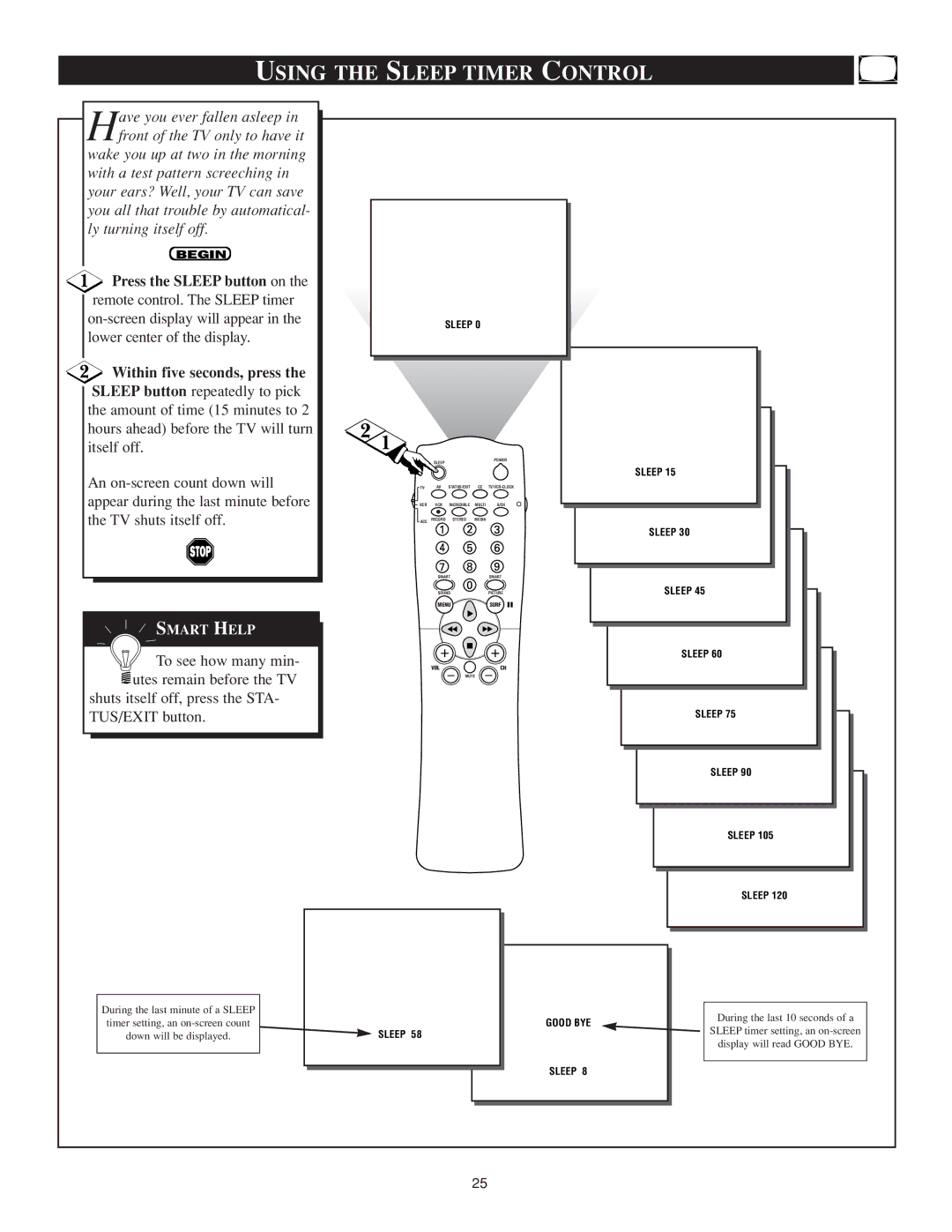 Philips TS3259C1 manual Using the Sleep Timer Control, Good BYE Sleep 