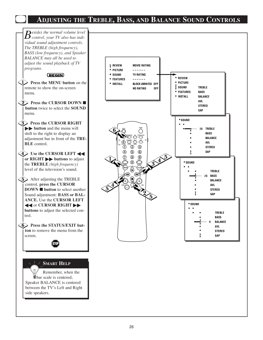 Philips TS3259C1 manual Adjusting the Treble , Bass , and Balance Sound Controls, Programs 