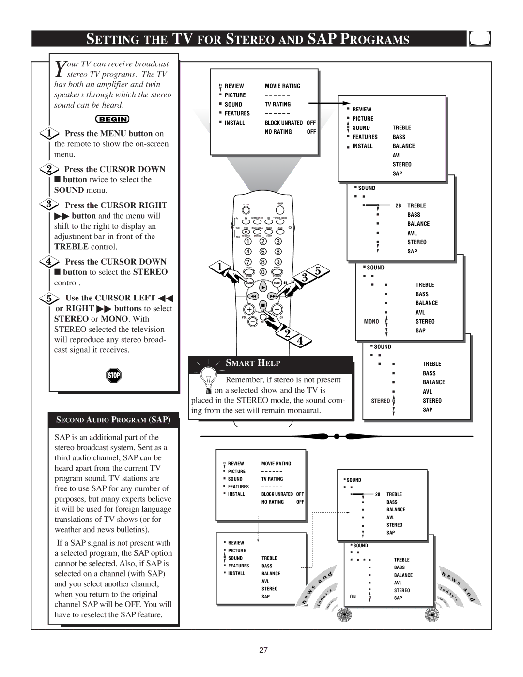 Philips TS3259C1 manual Setting the TV for Stereo and SAP Programs, Remember, if stereo is not present 