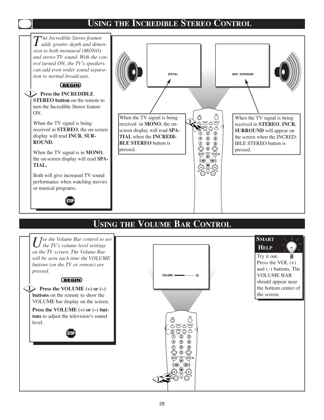 Philips TS3259C1 manual Using the Incredible Stereo Control, Using the Volume BAR Control 