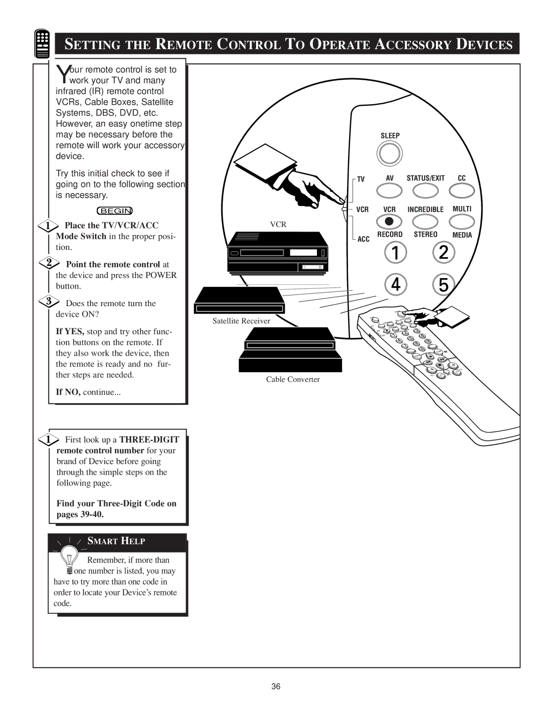 Philips TS3259C1 manual Setting the Remote Control to Operate Accessory Devices, Place the TV/VCR/ACC 