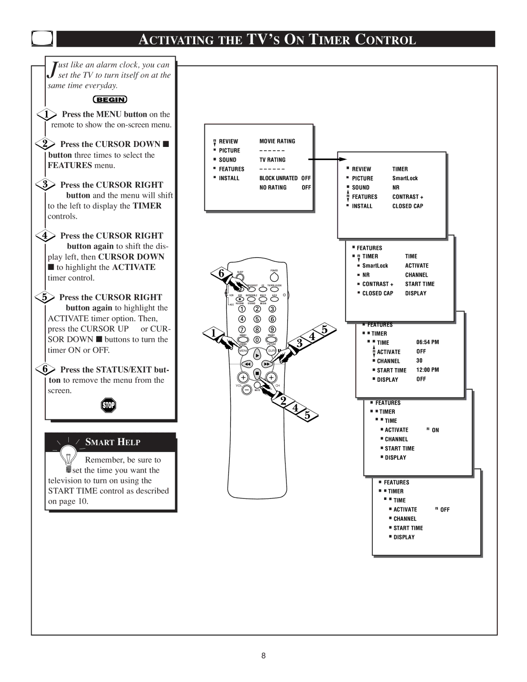 Philips TS3259C1 manual Activating the TV’S on Timer Control 