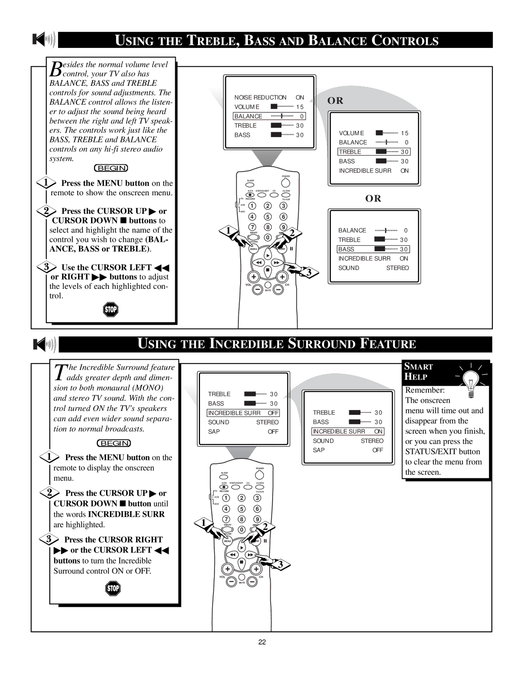 Philips TS3260C1 manual Using the TREBLE, Bass and Balance Controls, Using the Incredible Surround Feature 