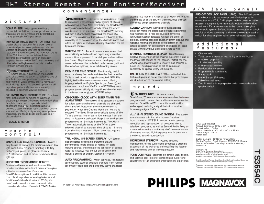 Philips TS3654C manual C t u r e, M o t e N t r o l, N v e n i e n c e, U n d, D i t i o n a l f e a t u r e s 