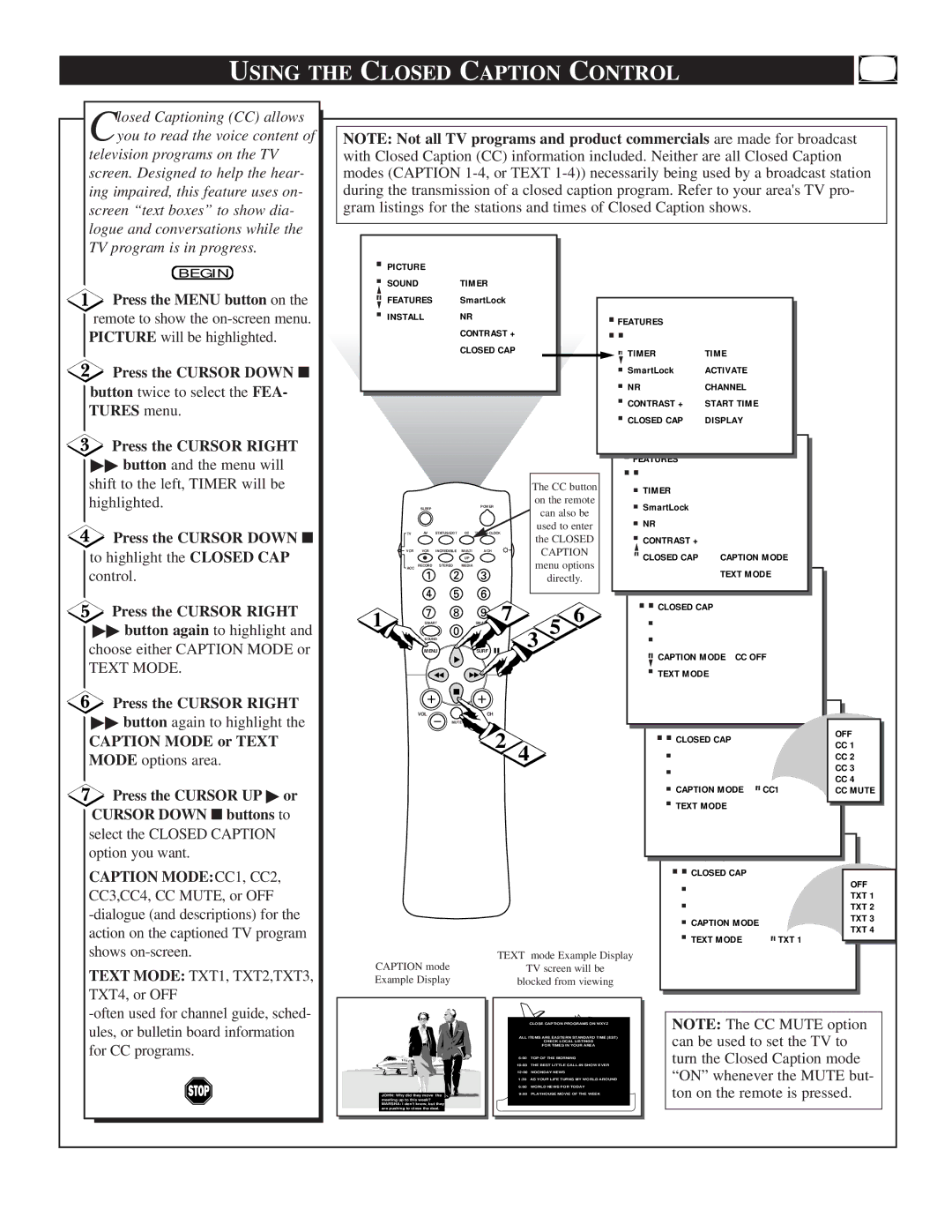 Philips TS3258, TS3658 manual Using the Closed Caption Control, Text Mode TXT1, TXT2,TXT3, TXT4, or OFF 