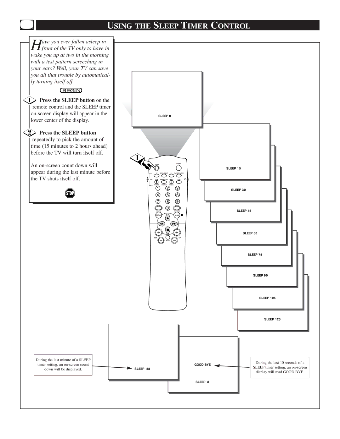 Philips TS3658, TS3258 manual Using the Sleep Timer Control 