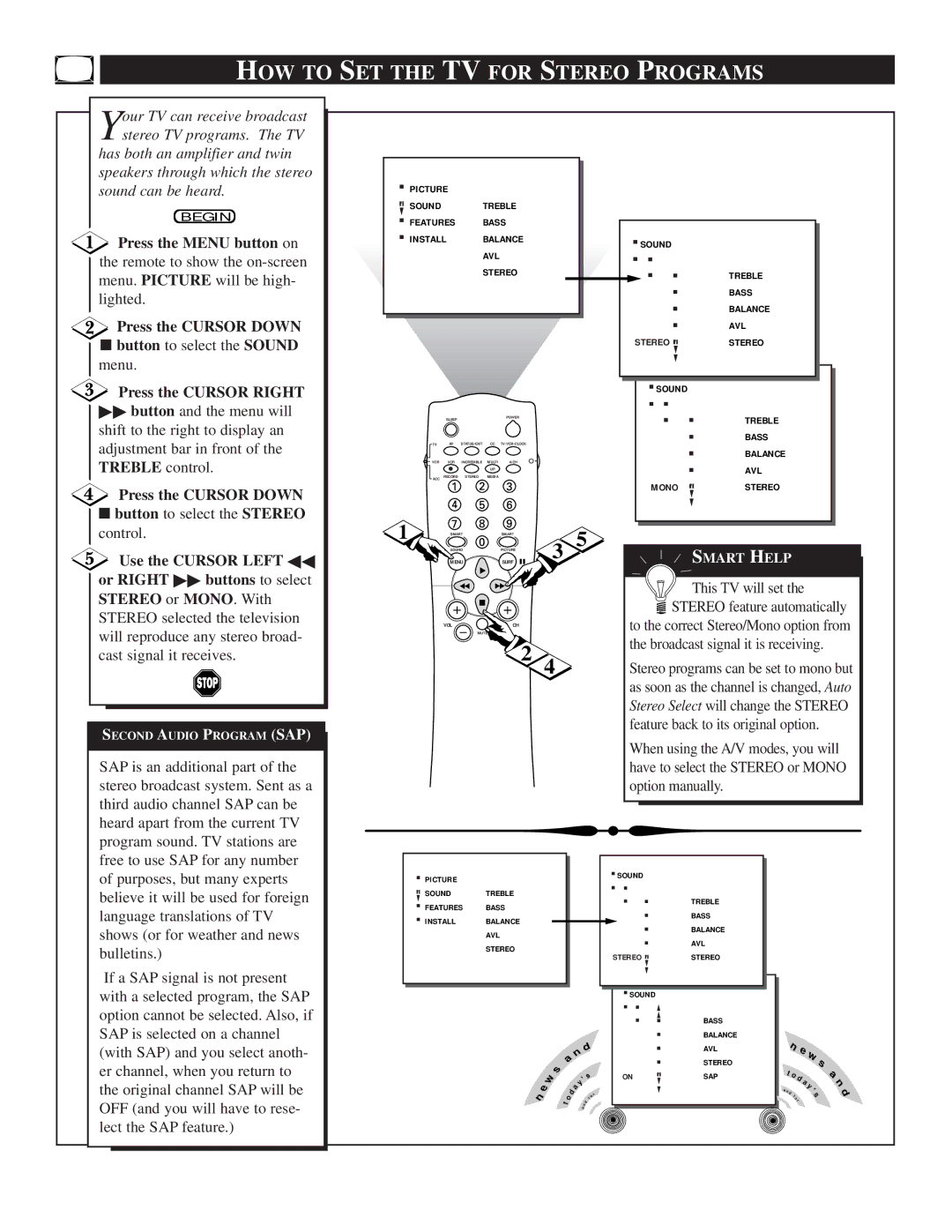 Philips TS3658, TS3258 manual HOW to SET the TV for Stereo Programs, Press the Cursor Down Button to select the Stereo 