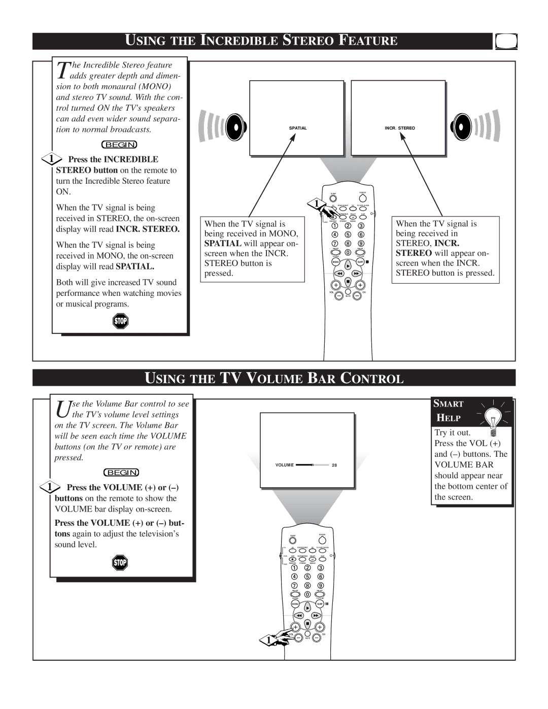 Philips TS3258, TS3658 manual Using the Incredible Stereo Feature, Using the TV Volume BAR Control, Press the Incredible 