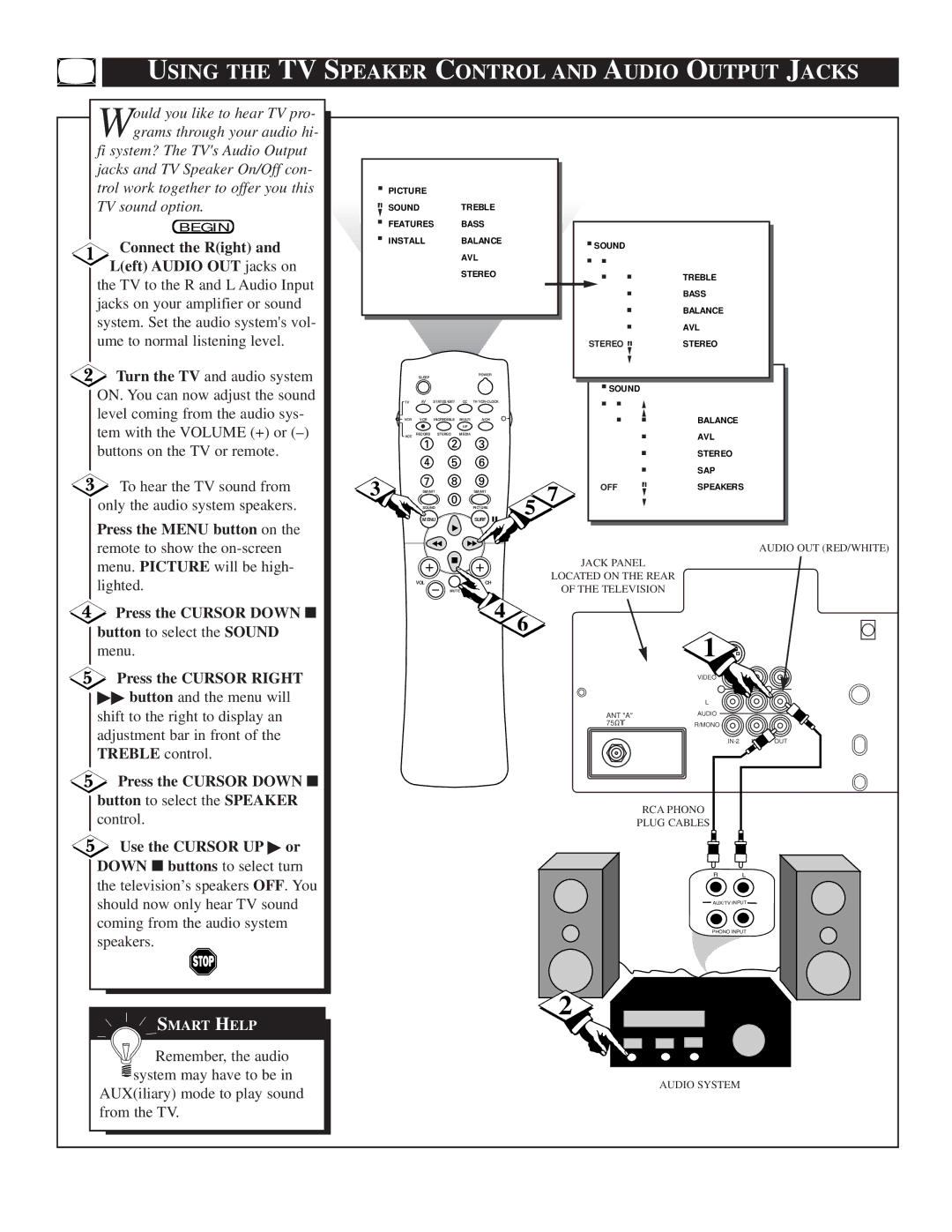 Philips TS3658 Using the TV Speaker Control and Audio Output Jacks, Press the Cursor Down button to select the Speaker 