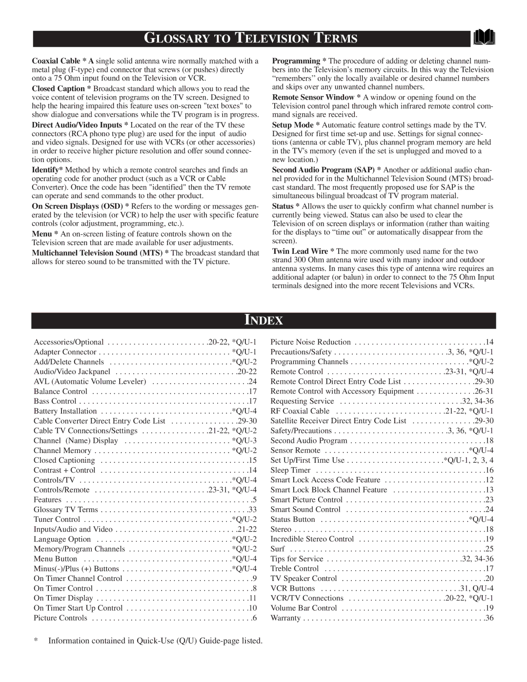 Philips TS3258, TS3658 manual Glossary to Television Terms, Index 